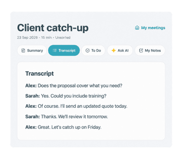 A meeting's transcript, summary, and to-dos in the Notes AI dashboard