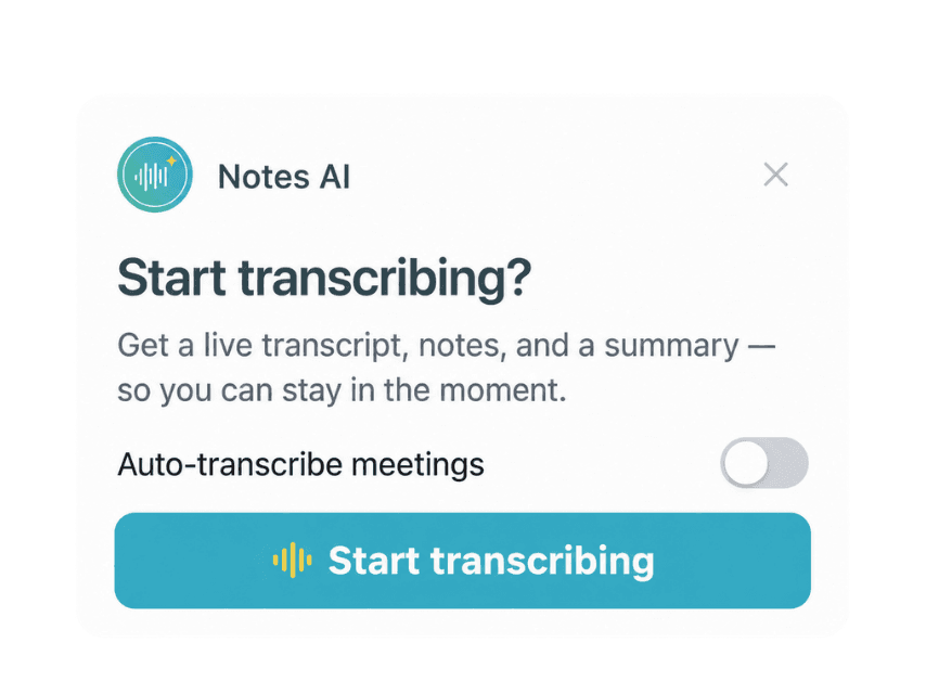 Notes AI's "Start transcribing?" prompt inside the meeting tab
